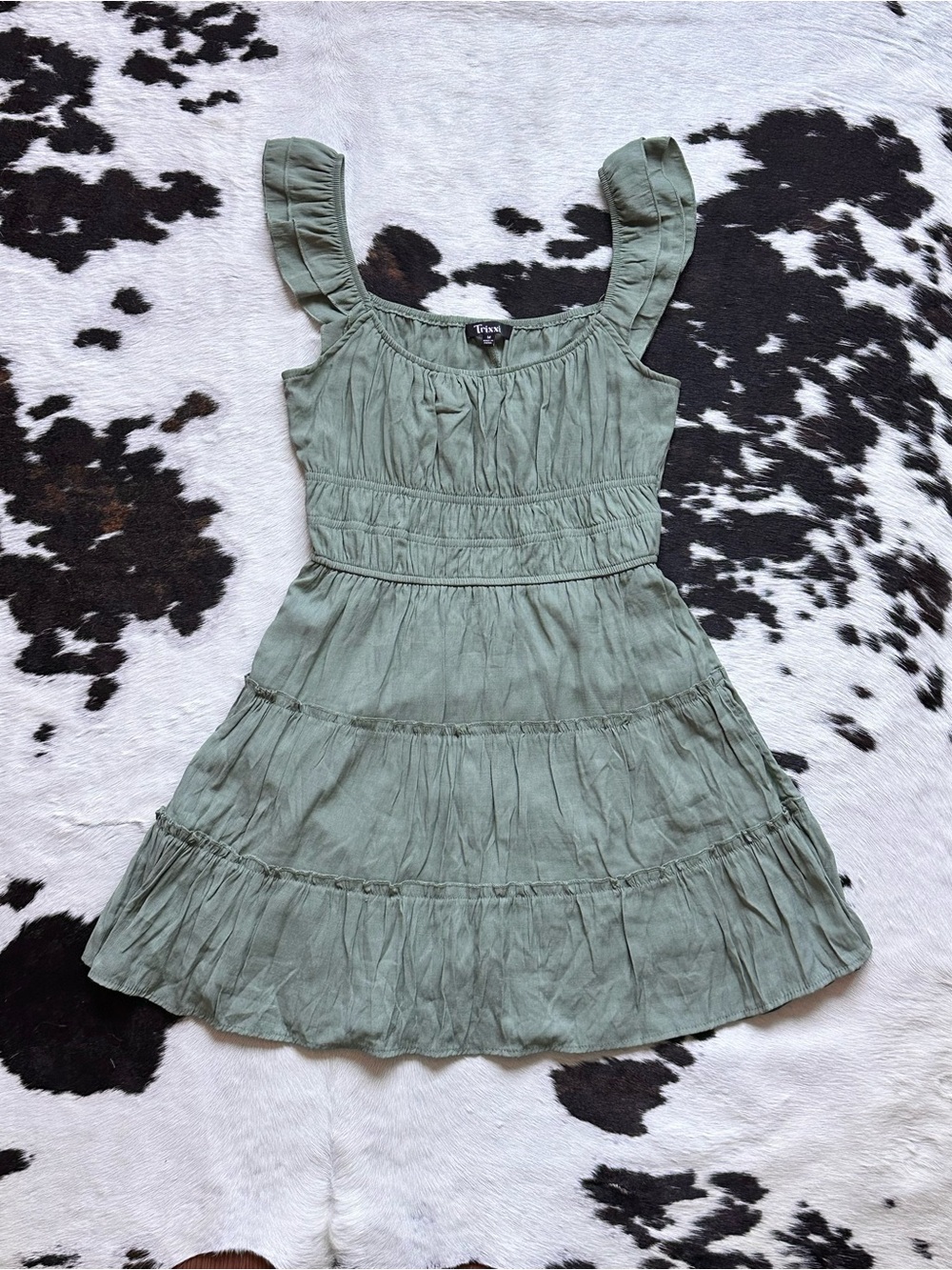 Whimsical Tiered Sage Green Mini Dress with Ruffled Straps